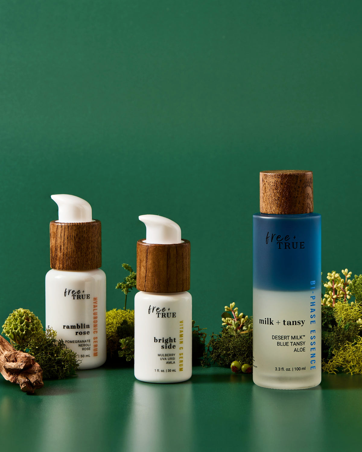 The Glow Trio — Milk + Tansy, Ramblin Rose and Bright Side on moss
